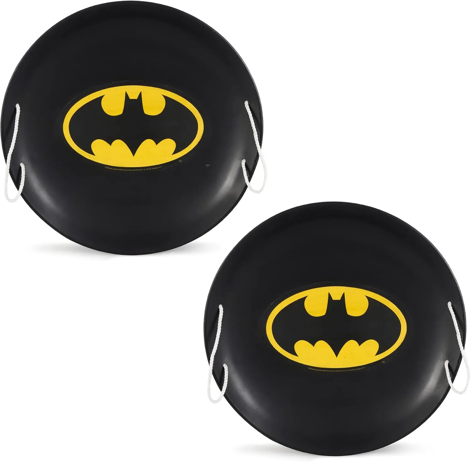 Slippery Racer ProDisc 26 Inch Heavy Duty Aluminum Iron Metal Kids Batman Saucer Snow Sled with Dual Riveted Soft Grip Rope Handles, Black (2 Pack)