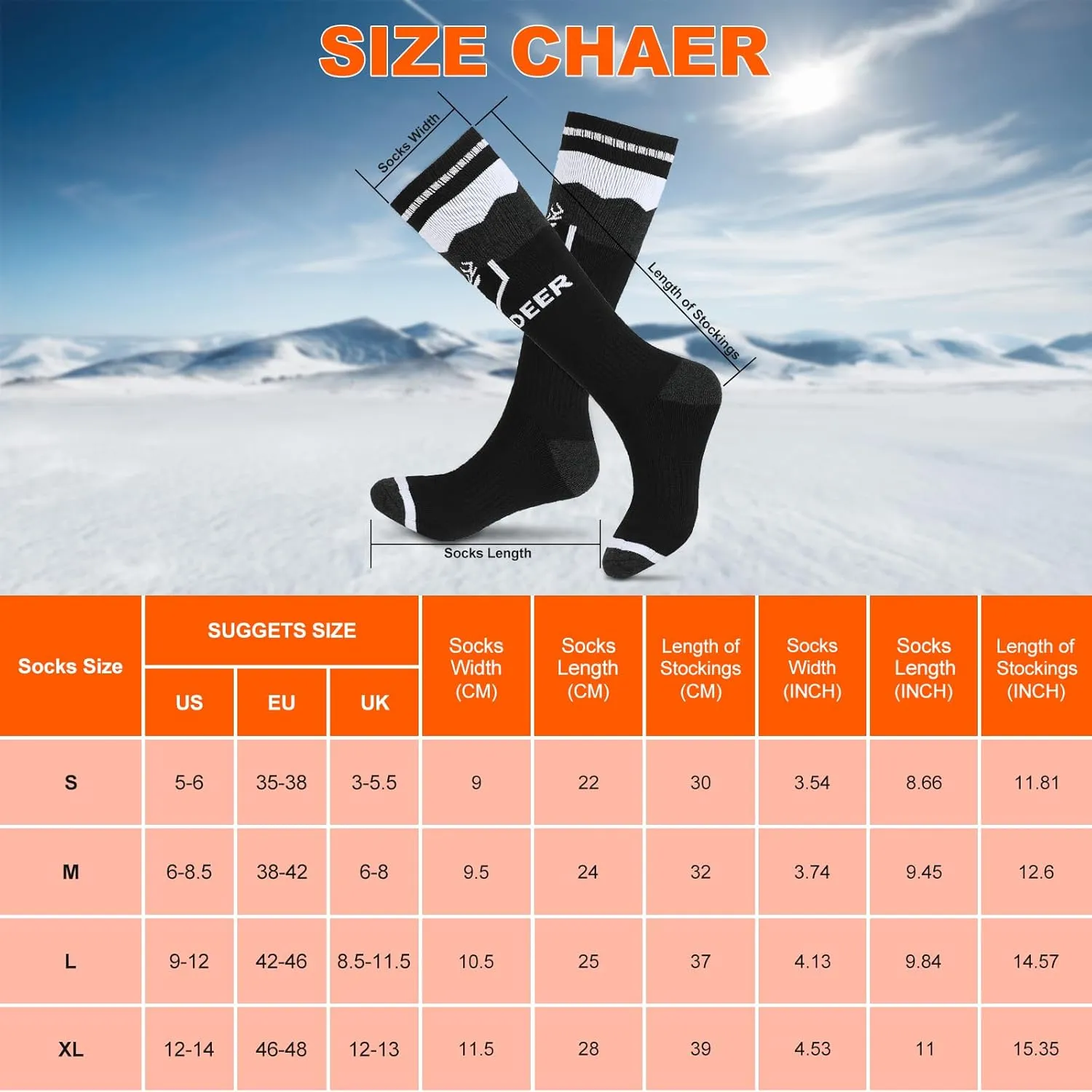 SNOW DEER Heated Socks,Upgraded 7.4V Rechargeable Battery Electric Socks for Men Women,Winter Cold Weather Warm Socks for Huting Fishing Camping Hiking Skiing Foot Warmer