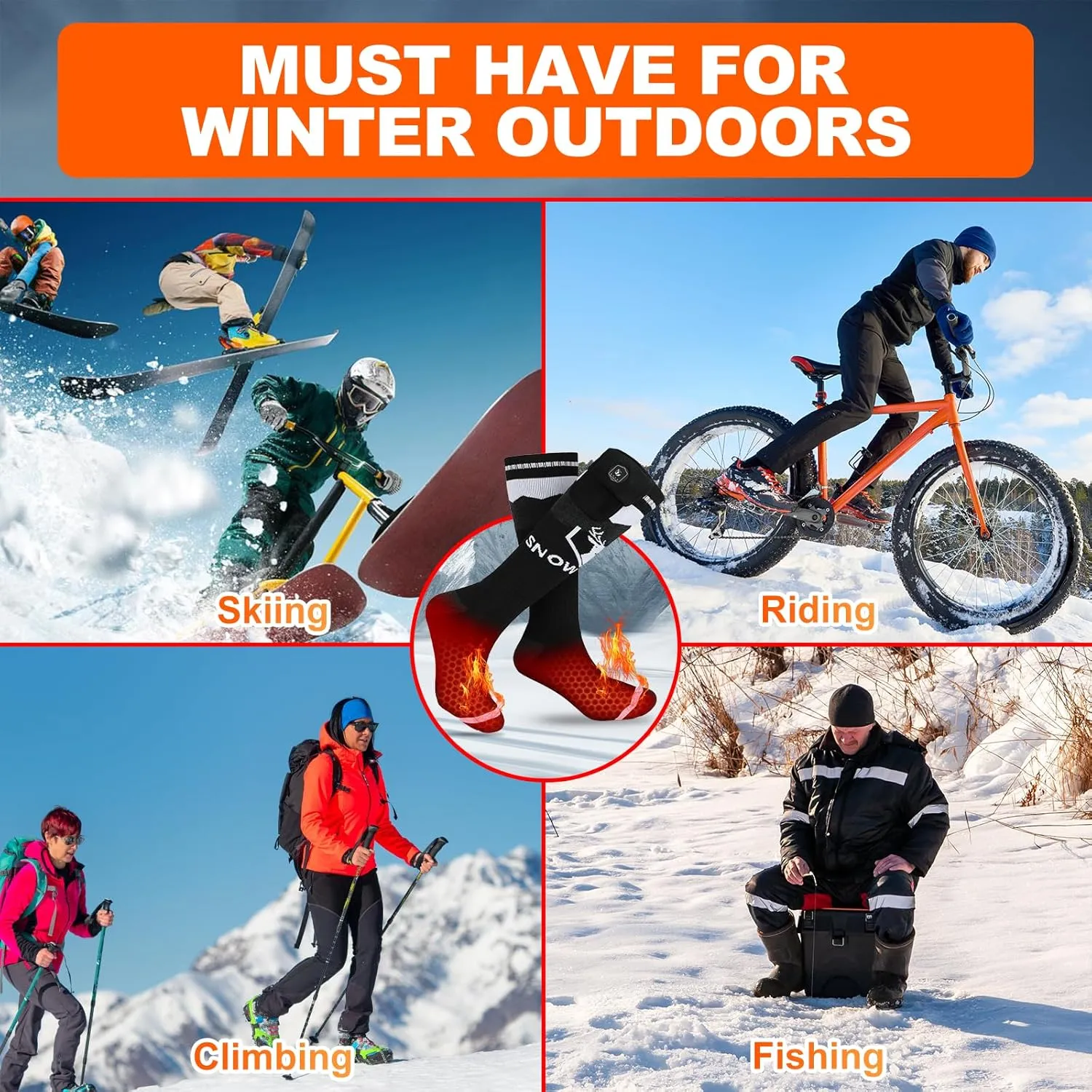 SNOW DEER Heated Socks,Upgraded 7.4V Rechargeable Battery Electric Socks for Men Women,Winter Cold Weather Warm Socks for Huting Fishing Camping Hiking Skiing Foot Warmer