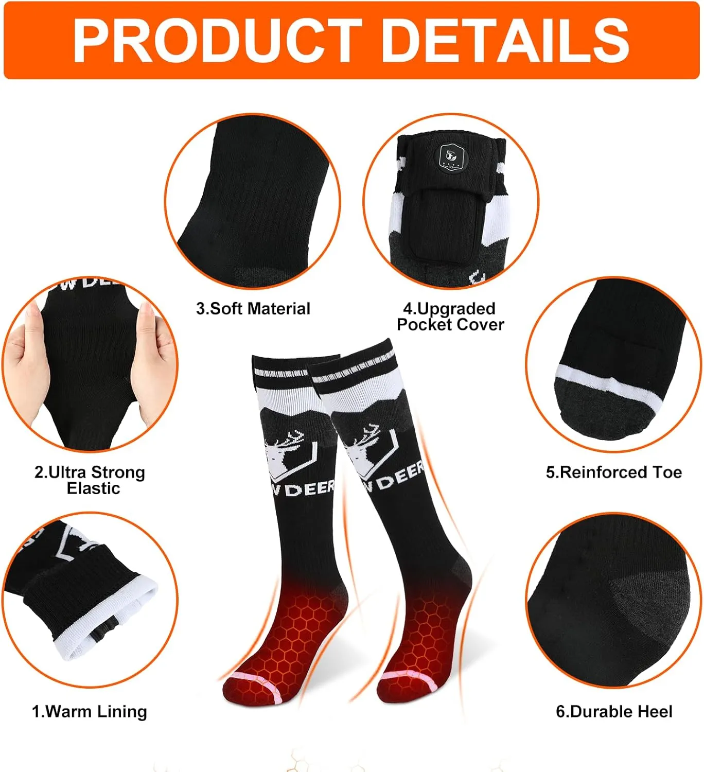SNOW DEER Heated Socks,Upgraded 7.4V Rechargeable Battery Electric Socks for Men Women,Winter Cold Weather Warm Socks for Huting Fishing Camping Hiking Skiing Foot Warmer