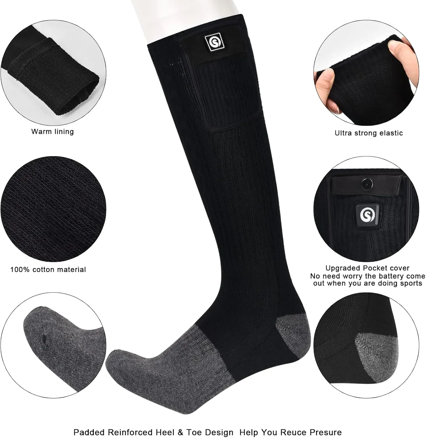 SNOW DEER Heated Socks,Upgraded 7.4V Rechargeable Battery Electric Socks for Men Women,Winter Cold Weather Warm Socks for Huting Fishing Camping Hiking Skiing Foot Warmer