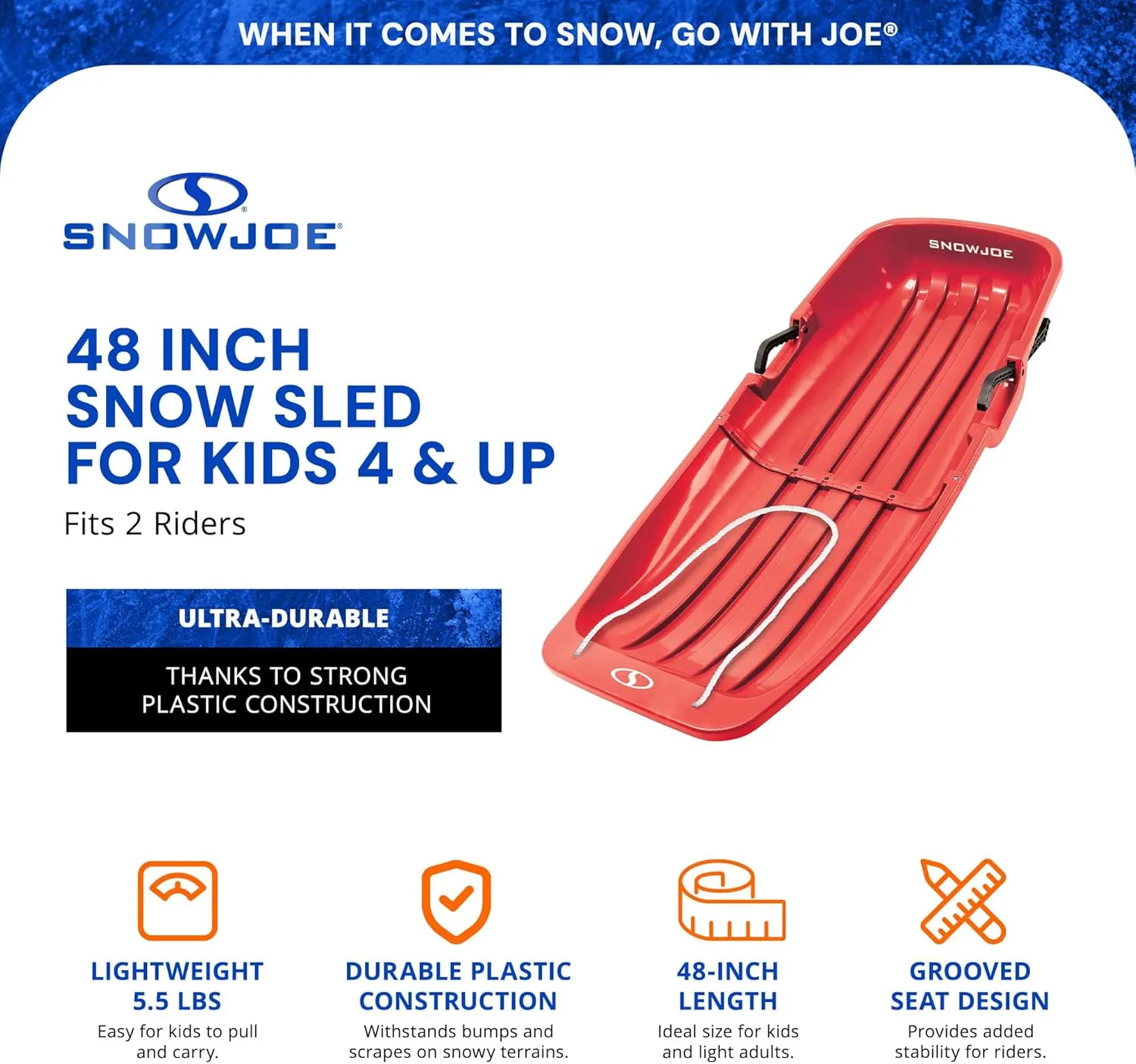 Snow Joe Snow Sled for Kids 4 & Up, Fits 2 Riders, 34-48-inch