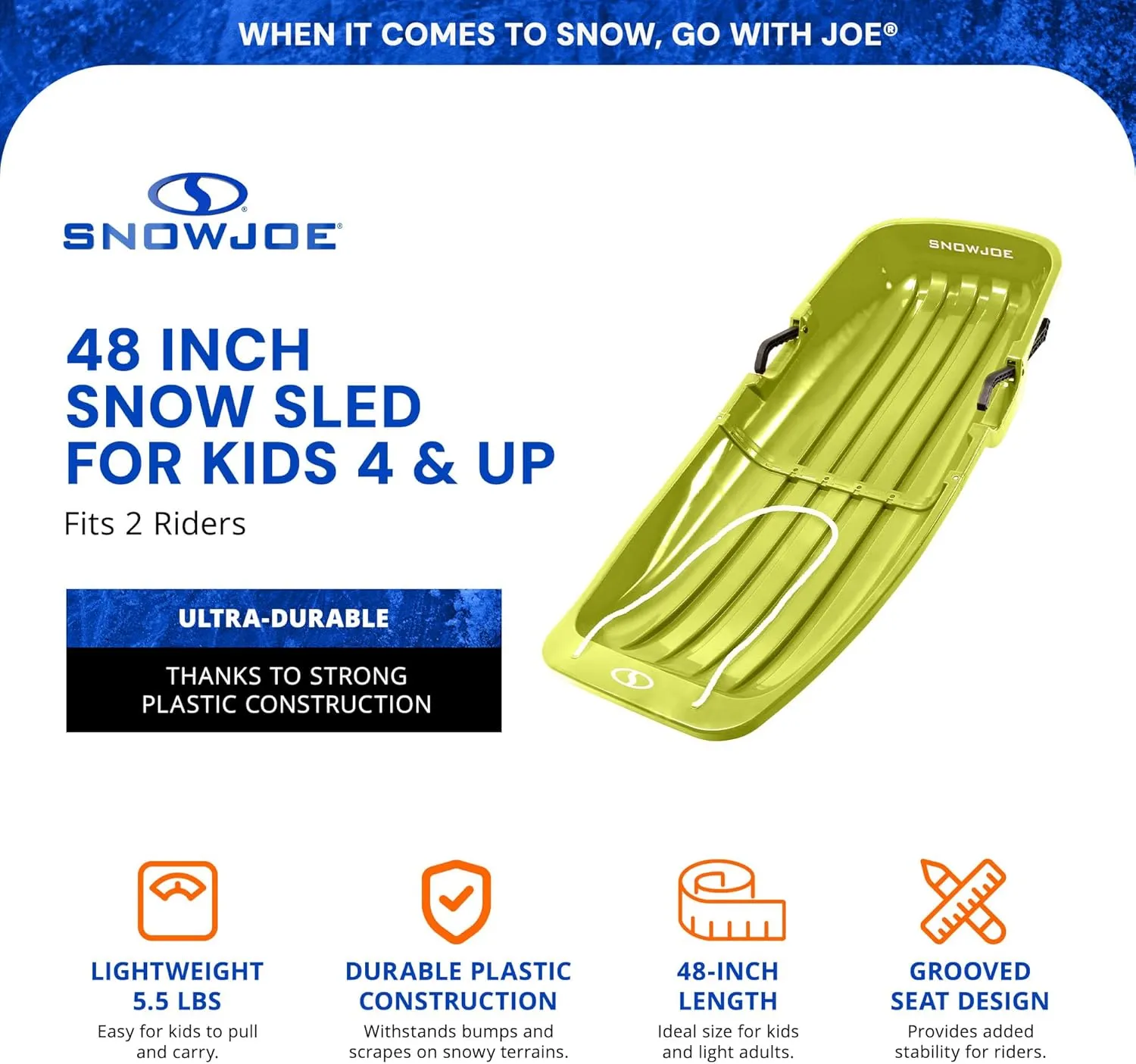 Snow Joe Snow Sled for Kids 4 & Up, Fits 2 Riders, 34-48-inch