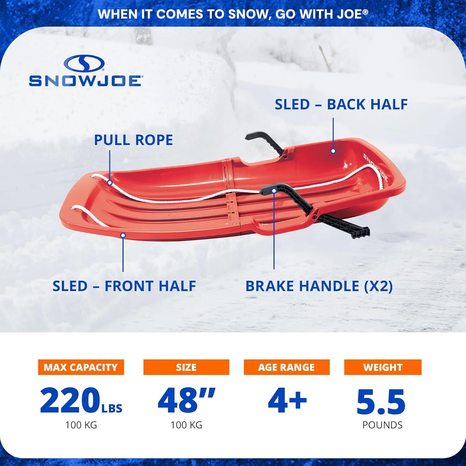 Snow Joe Snow Sled for Kids 4 & Up, Fits 2 Riders, 34-48-inch