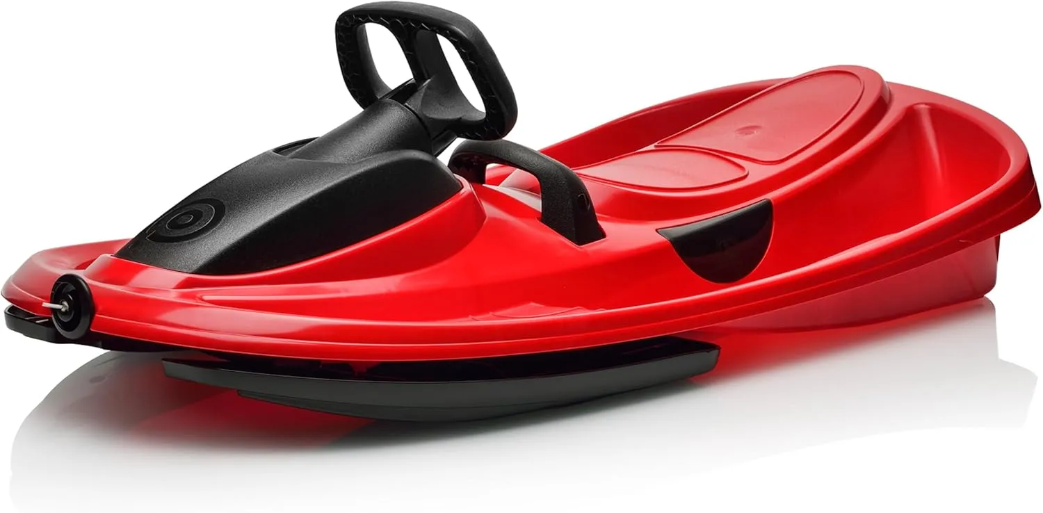 Snow Sled for Kids, Adults - Toboggan Sled, Easy Turning Steering Wheel, Anti-Slip Seat, Pull Up Brake, Durable Plastic Sled, Lightweight, Snow Sleds, Age 3  260 lbs