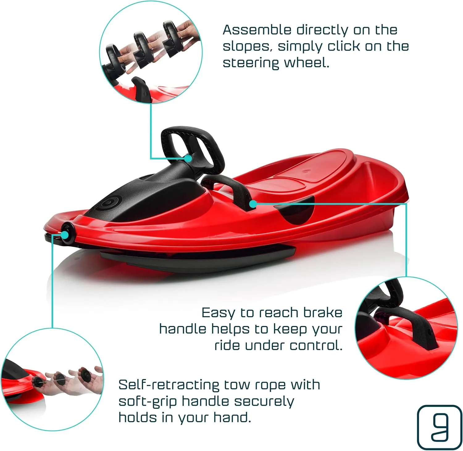 Snow Sled for Kids, Adults - Toboggan Sled, Easy Turning Steering Wheel, Anti-Slip Seat, Pull Up Brake, Durable Plastic Sled, Lightweight, Snow Sleds, Age 3  260 lbs