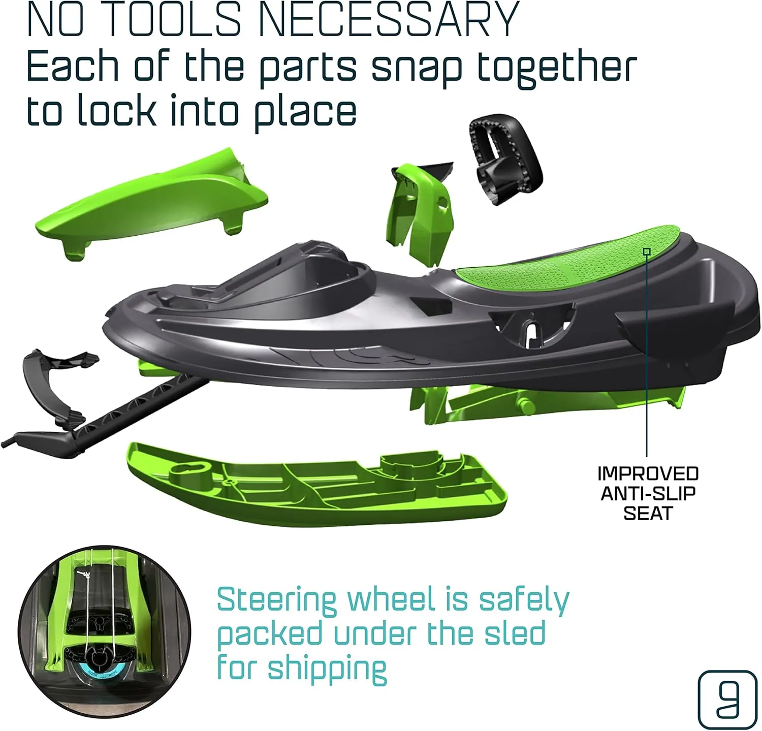 Snow Sled for Kids, Adults - Toboggan Sled, Easy Turning Steering Wheel, Anti-Slip Seat, Pull Up Brake, Durable Plastic Sled, Lightweight, Snow Sleds, Age 3  260 lbs