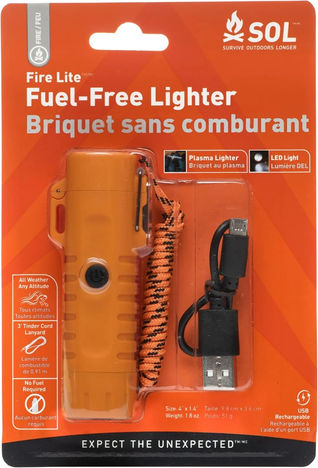 S.O.L. Survive Outdoors Longer Fire Lite Fuel Free Rechargeable Lighter