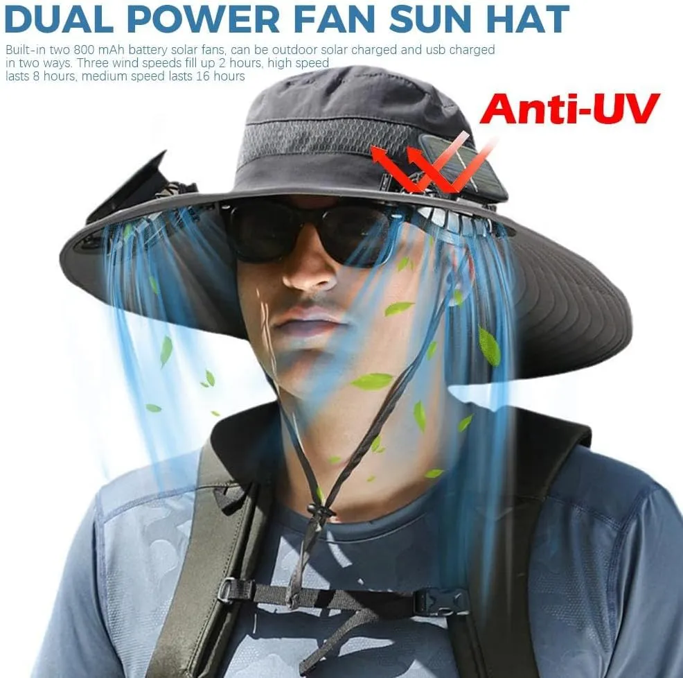 Solar Fan Hat Wide Brim with 2 Removable Solar Fan,Waterproof Solar Powered Fan Hat UPF 50 Bucket Fishing Hat