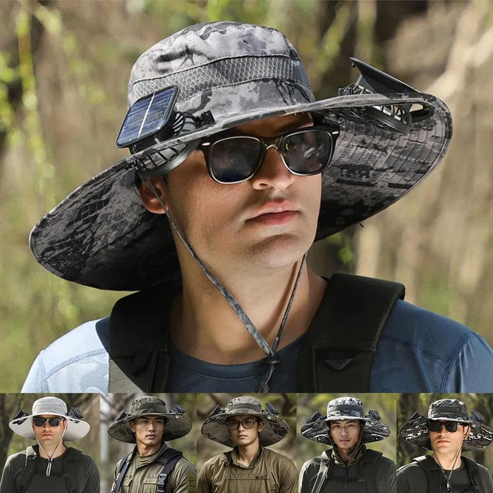 Solar Fan Hat Wide Brim with 2 Removable Solar Fan,Waterproof Solar Powered Fan Hat UPF 50 Bucket Fishing Hat