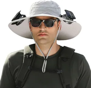 Solar Fan Hat Wide Brim with 2 Removable Solar Fan,Waterproof Solar Powered Fan Hat UPF 50 Bucket Fishing Hat