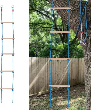 Sparkle Race Wooden Rope Ladder for Kids - Climbing Ladders for Swing Set Accessories - Hanging Rope Ladder for Playground Accessories Outdoor & Indoor Obstacle Course (Blue, 2 Hooks)