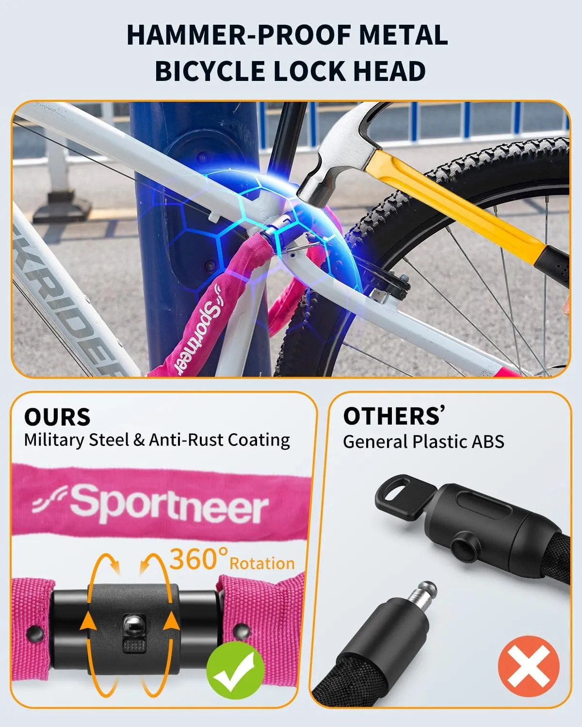 Sportneer Bike Lock: 8mm Thick High Security Anti Theft Bike Chain Lock with 2 Keys- 3.2/4ft Long Heavy Duty Anti-Cut Bicycle Lock for Bike, Motorcycle, Bicycle, Door, Gate, Fence, Grill