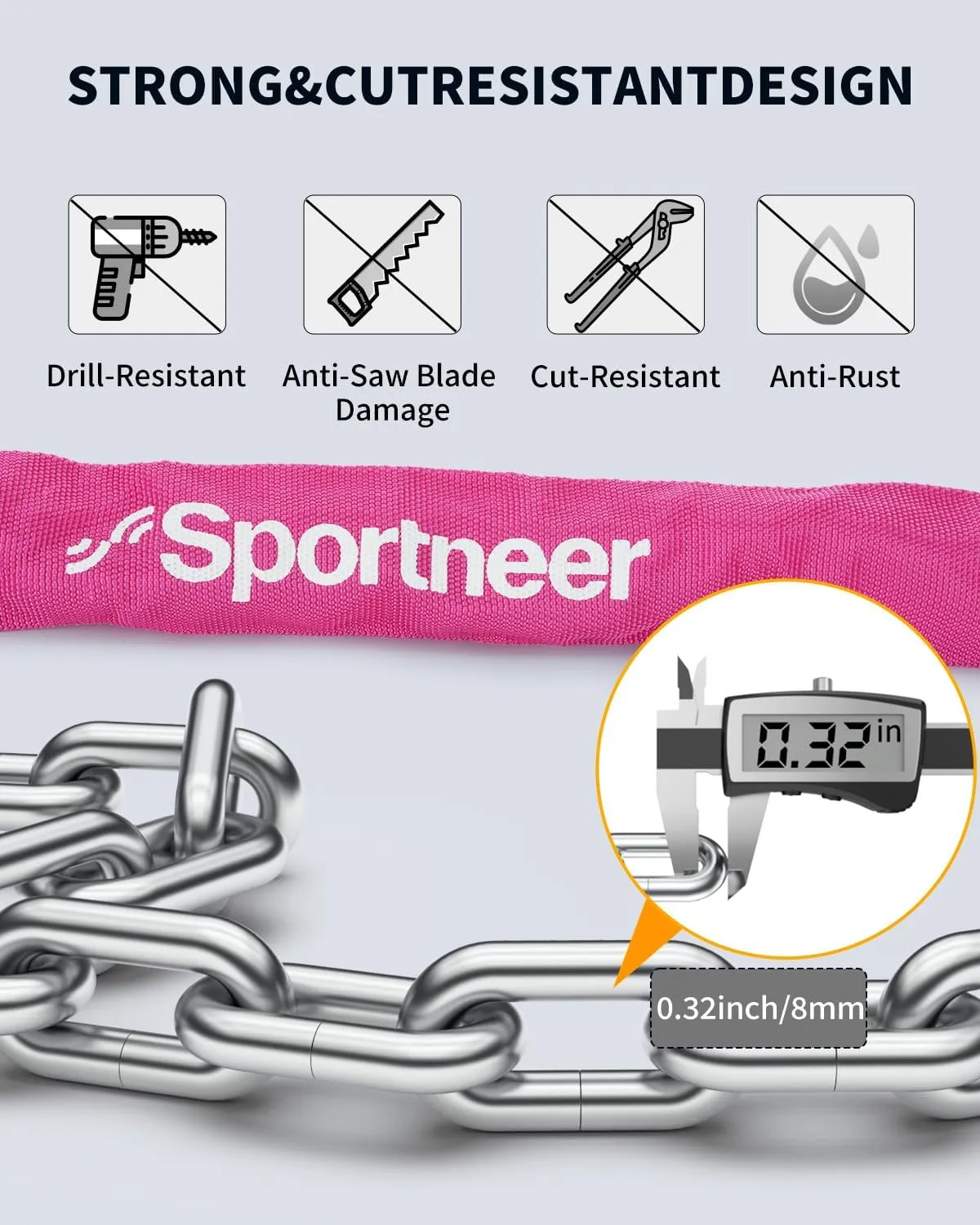 Sportneer Bike Lock: 8mm Thick High Security Anti Theft Bike Chain Lock with 2 Keys- 3.2/4ft Long Heavy Duty Anti-Cut Bicycle Lock for Bike, Motorcycle, Bicycle, Door, Gate, Fence, Grill