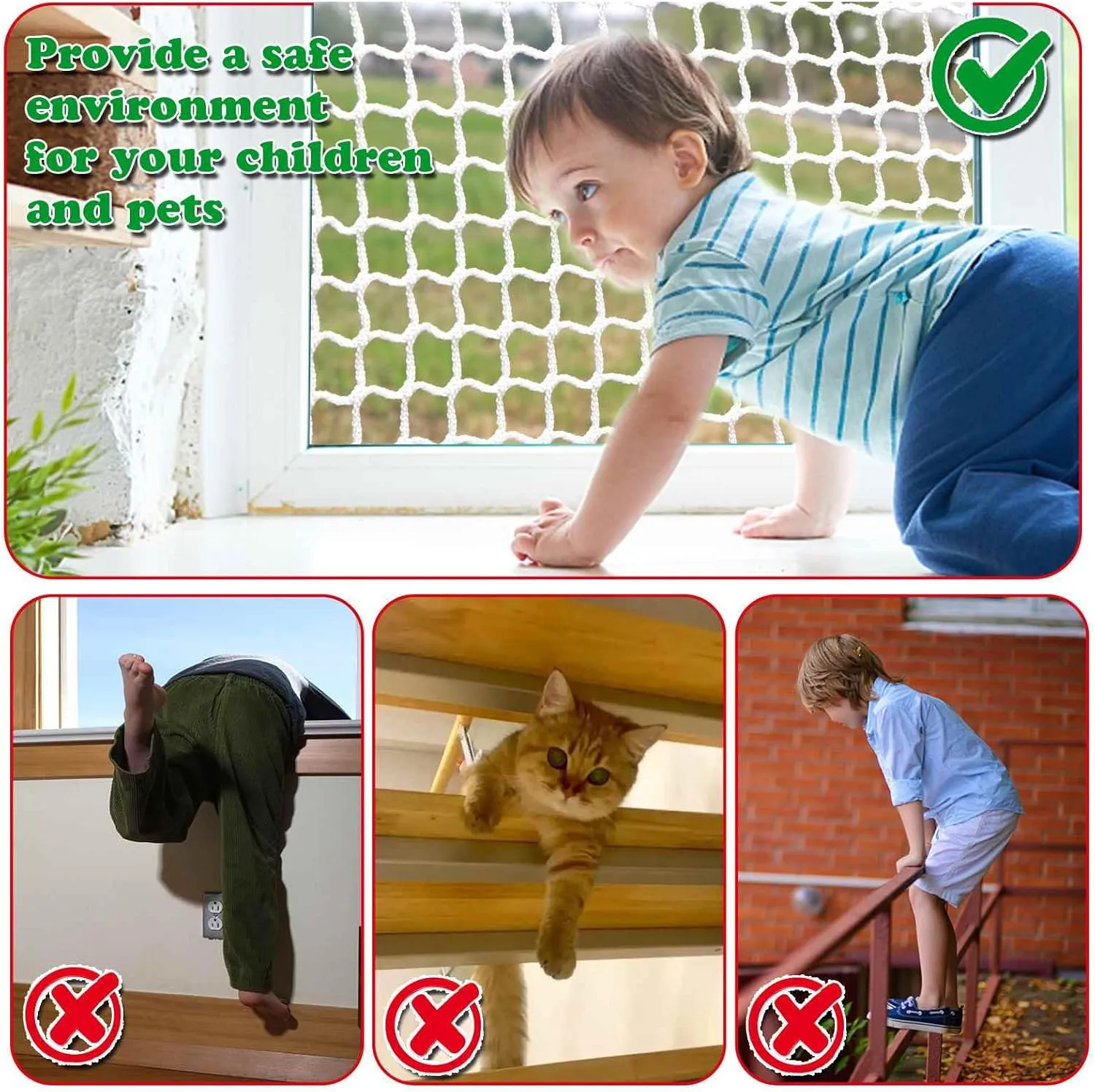 Stair Netting Child Safety Rope Net for Pets，Apartment，Balcony，Trampoline，Playground，Driveway Net for Kids Safety，Sports Netting Baseball Softball Net (White, 4.95FTx9.9FT)