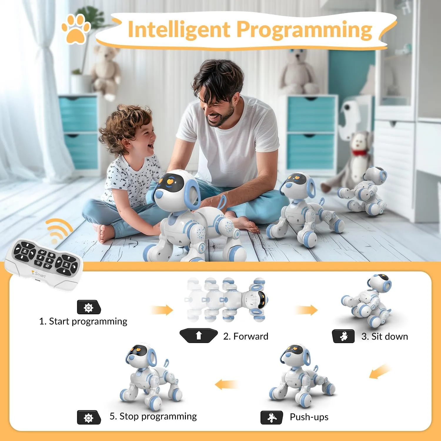 STEMTRON Programmable Remote Control Robot Cat Robot Dog for Kids, Interactive Robotic Dog Robotic Cat, Robo Dog Robo Cat, RC Robot with Touch Sensing, LED Eyes, Dance & Music