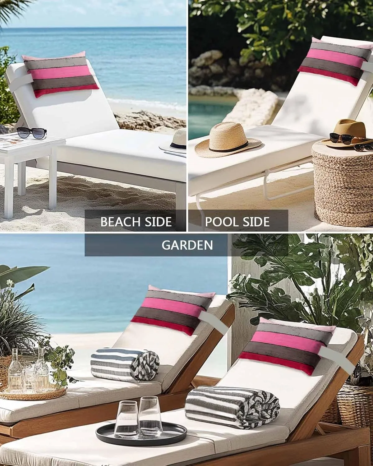 Striped Outdoor Head Resting Pillows with Insert Pink Gradient Country Vintage Wood Grain 1 Pack Waterproof Lumbar Pillows with Adjustable Elastic Strap for Patio Recliner Chaise Beach Chair, 11”x16”