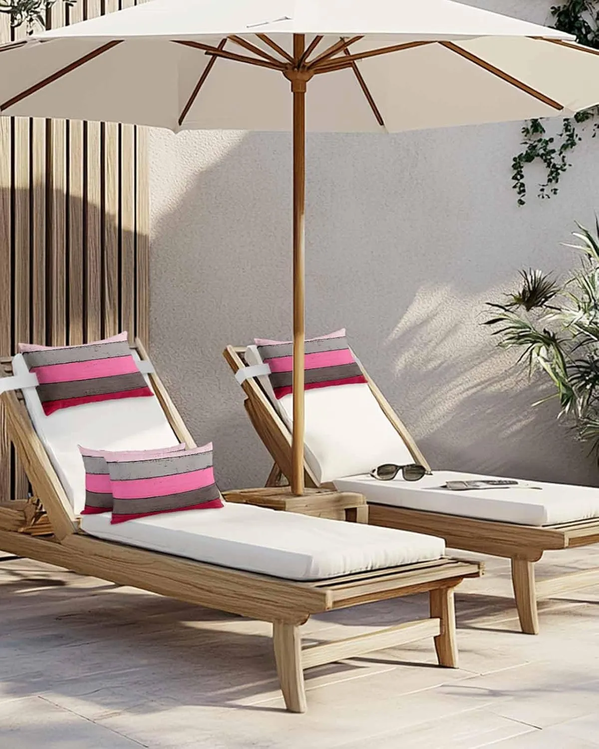 Striped Outdoor Head Resting Pillows with Insert Pink Gradient Country Vintage Wood Grain 1 Pack Waterproof Lumbar Pillows with Adjustable Elastic Strap for Patio Recliner Chaise Beach Chair, 11”x16”