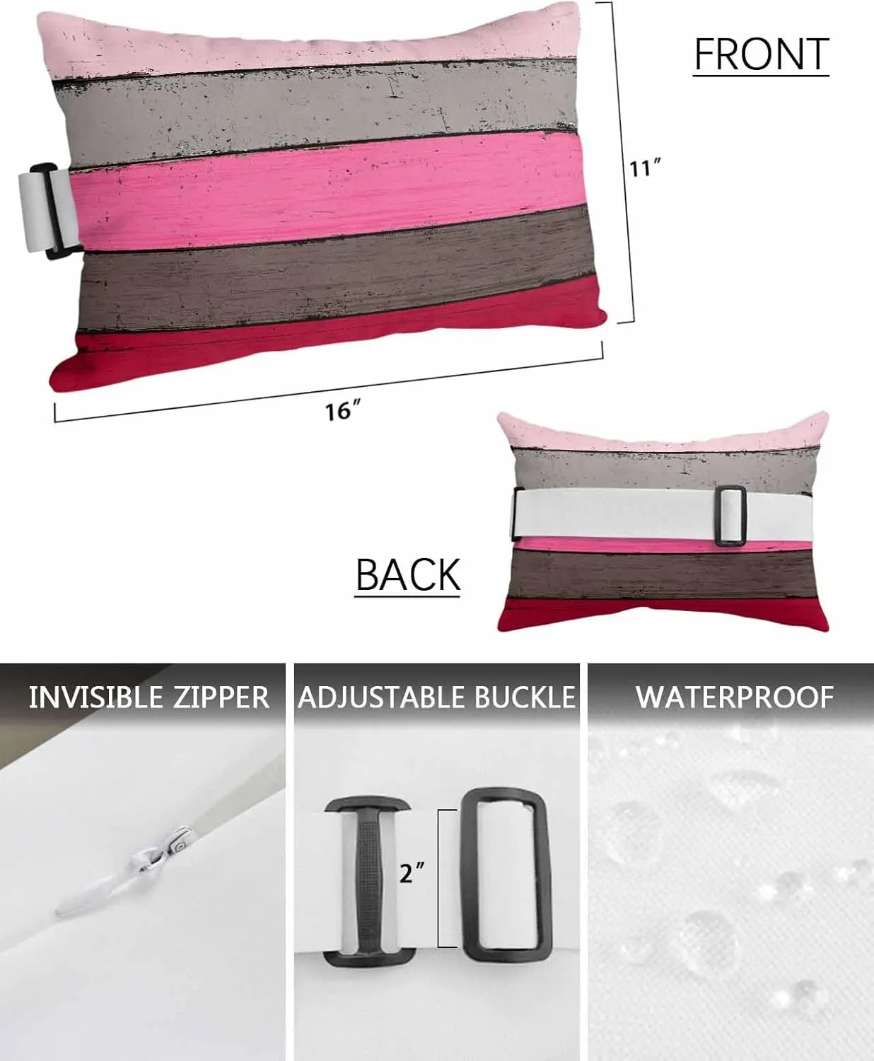 Striped Outdoor Head Resting Pillows with Insert Pink Gradient Country Vintage Wood Grain 1 Pack Waterproof Lumbar Pillows with Adjustable Elastic Strap for Patio Recliner Chaise Beach Chair, 11”x16”