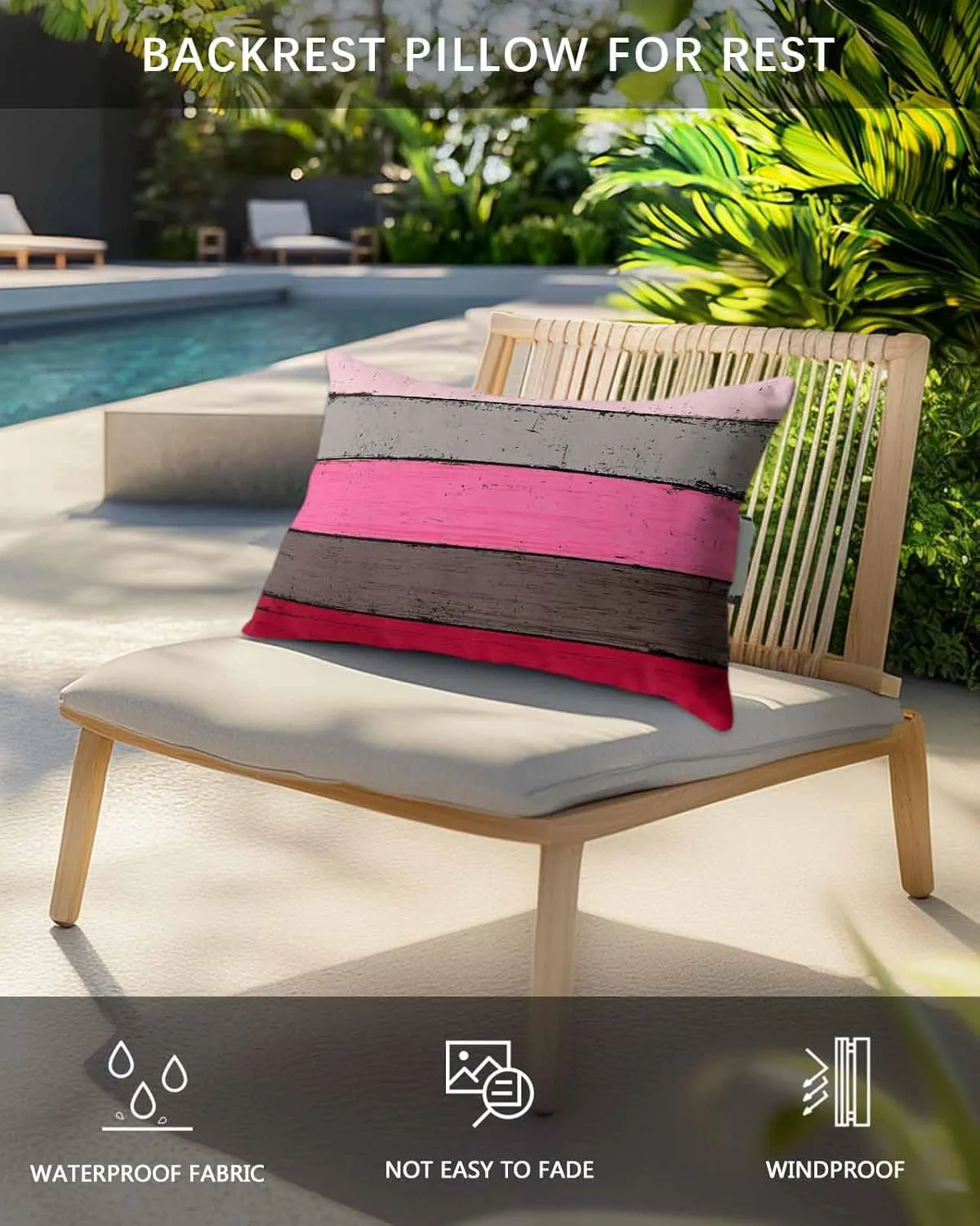 Striped Outdoor Head Resting Pillows with Insert Pink Gradient Country Vintage Wood Grain 1 Pack Waterproof Lumbar Pillows with Adjustable Elastic Strap for Patio Recliner Chaise Beach Chair, 11”x16”