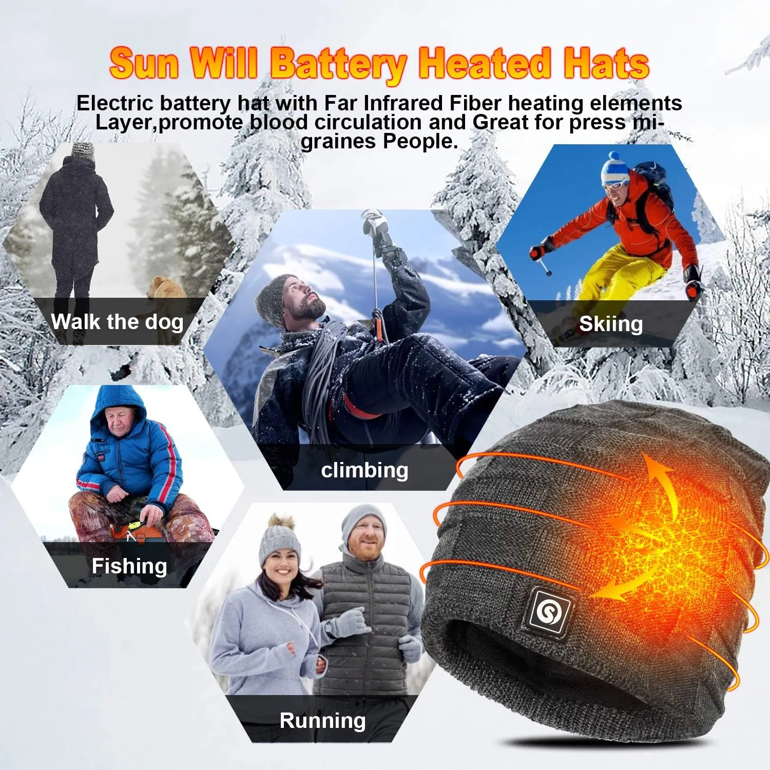 Sun Will Battery Heated Beanie Hat,Electric Rechargeable Warm Winter Heated Fleece Cap