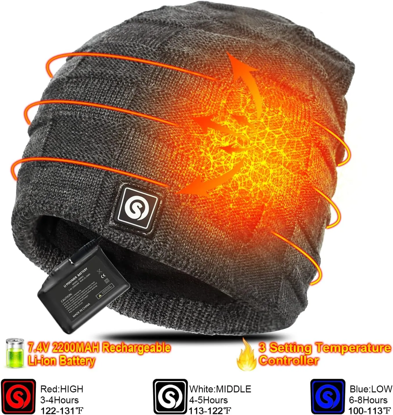 Sun Will Battery Heated Beanie Hat,Electric Rechargeable Warm Winter Heated Fleece Cap