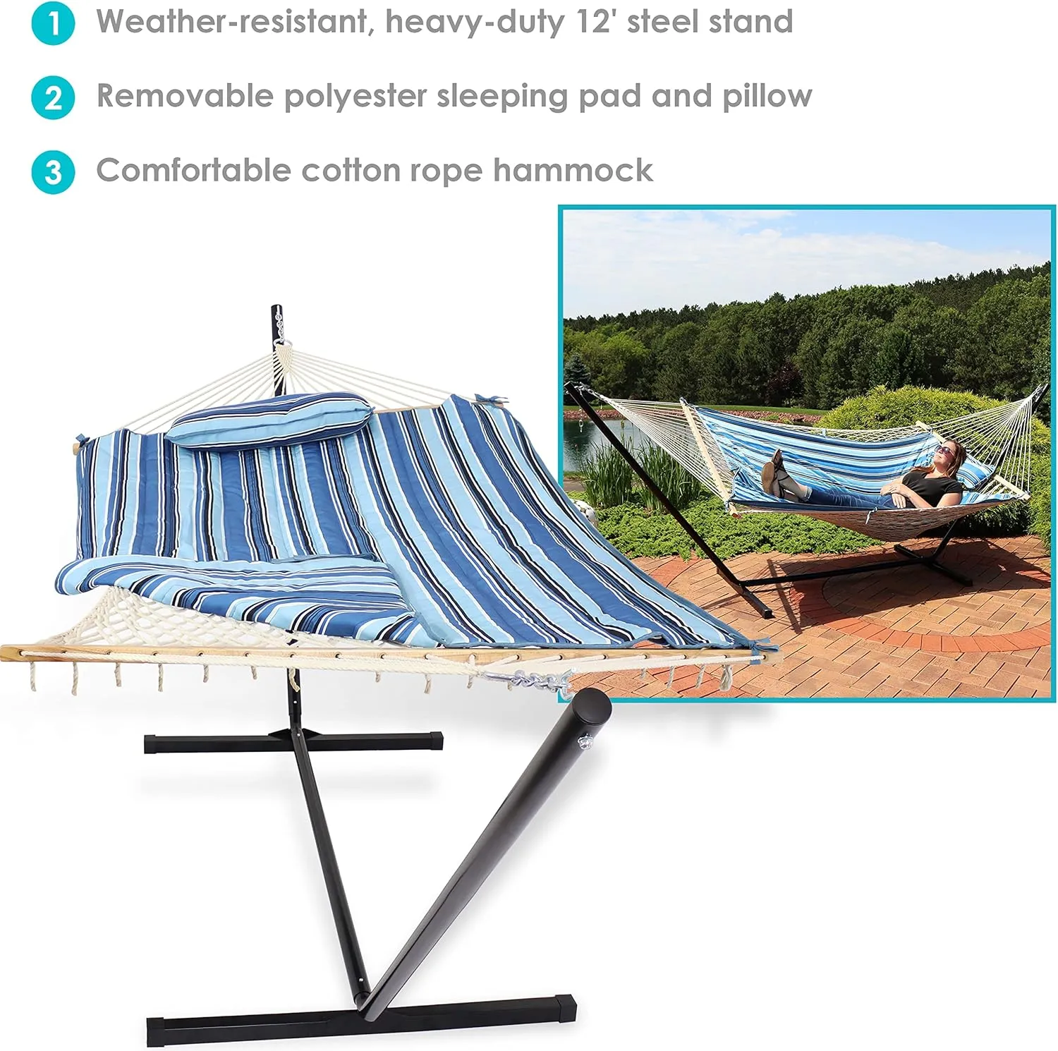 Sunnydaze Rope Hammock with 12-Foot Stand and Hammock Pad - 275-Pound Capacity - Misty Beach