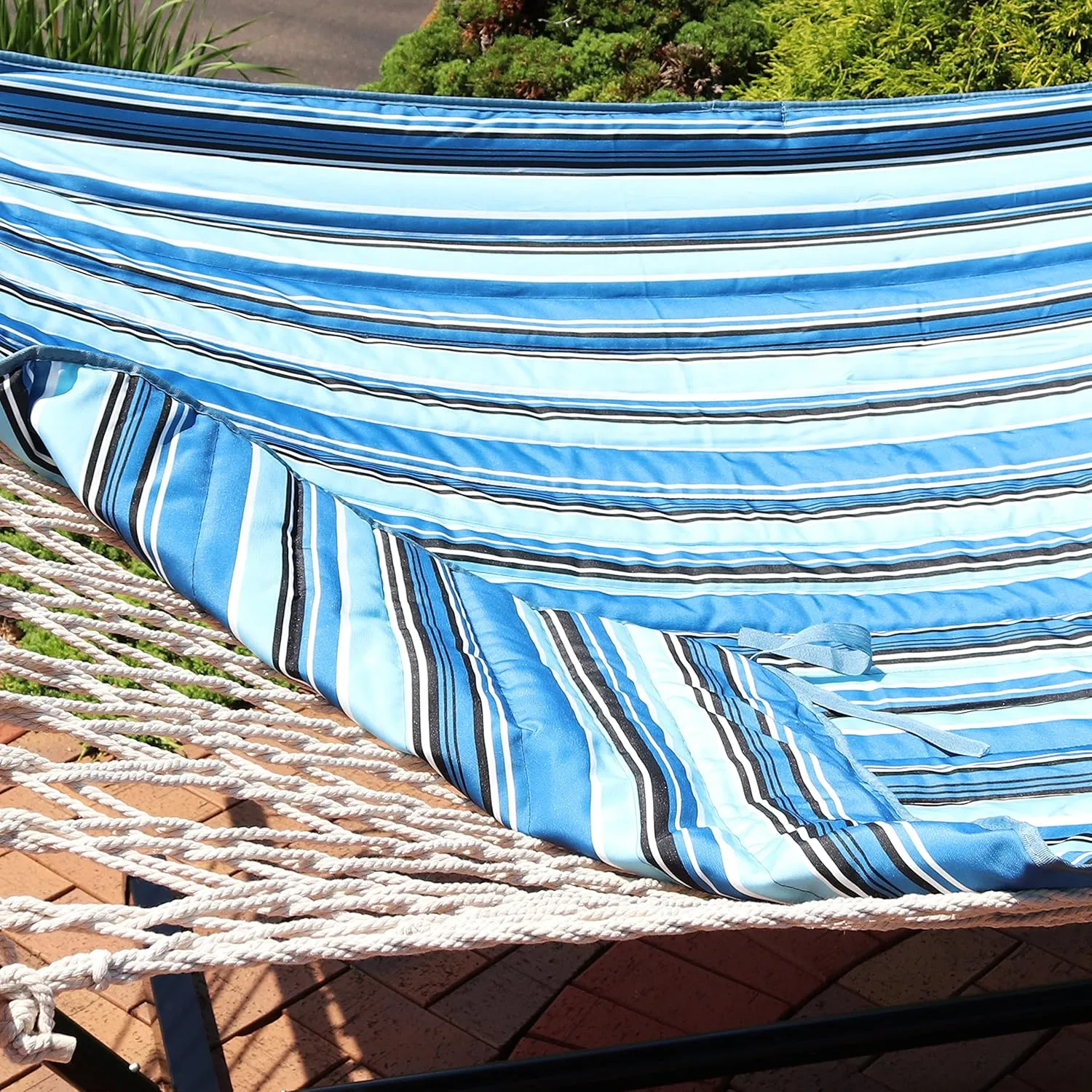 Sunnydaze Rope Hammock with 12-Foot Stand and Hammock Pad - 275-Pound Capacity - Misty Beach