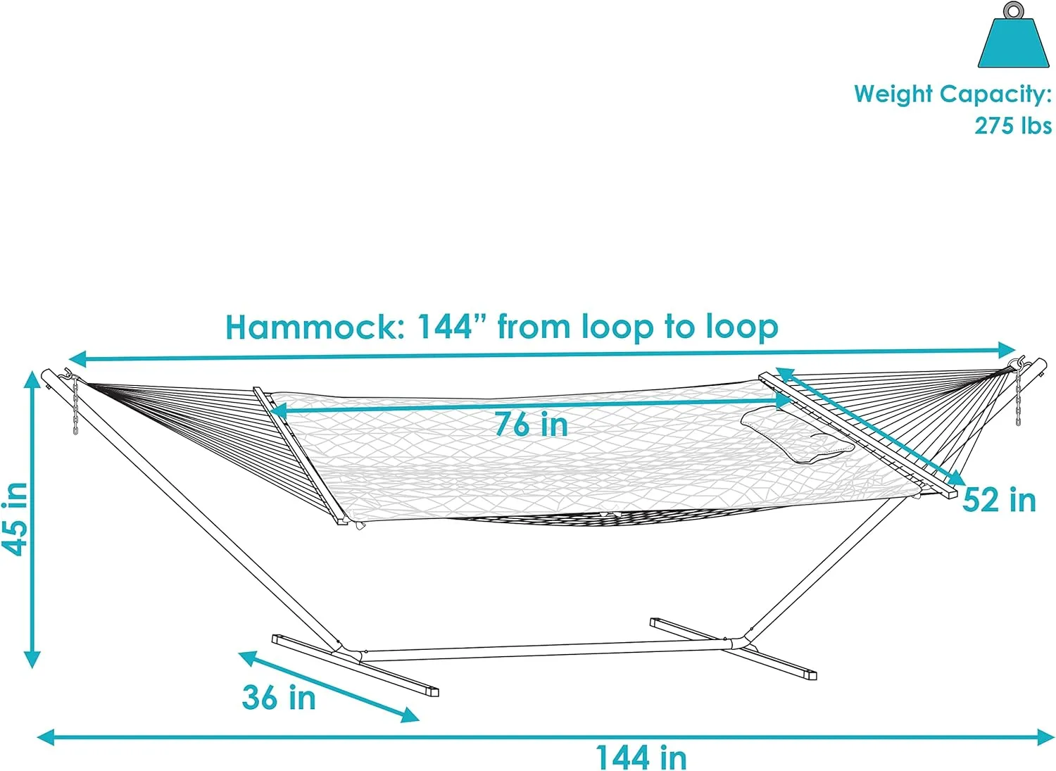 Sunnydaze Rope Hammock with 12-Foot Stand and Hammock Pad - 275-Pound Capacity - Misty Beach
