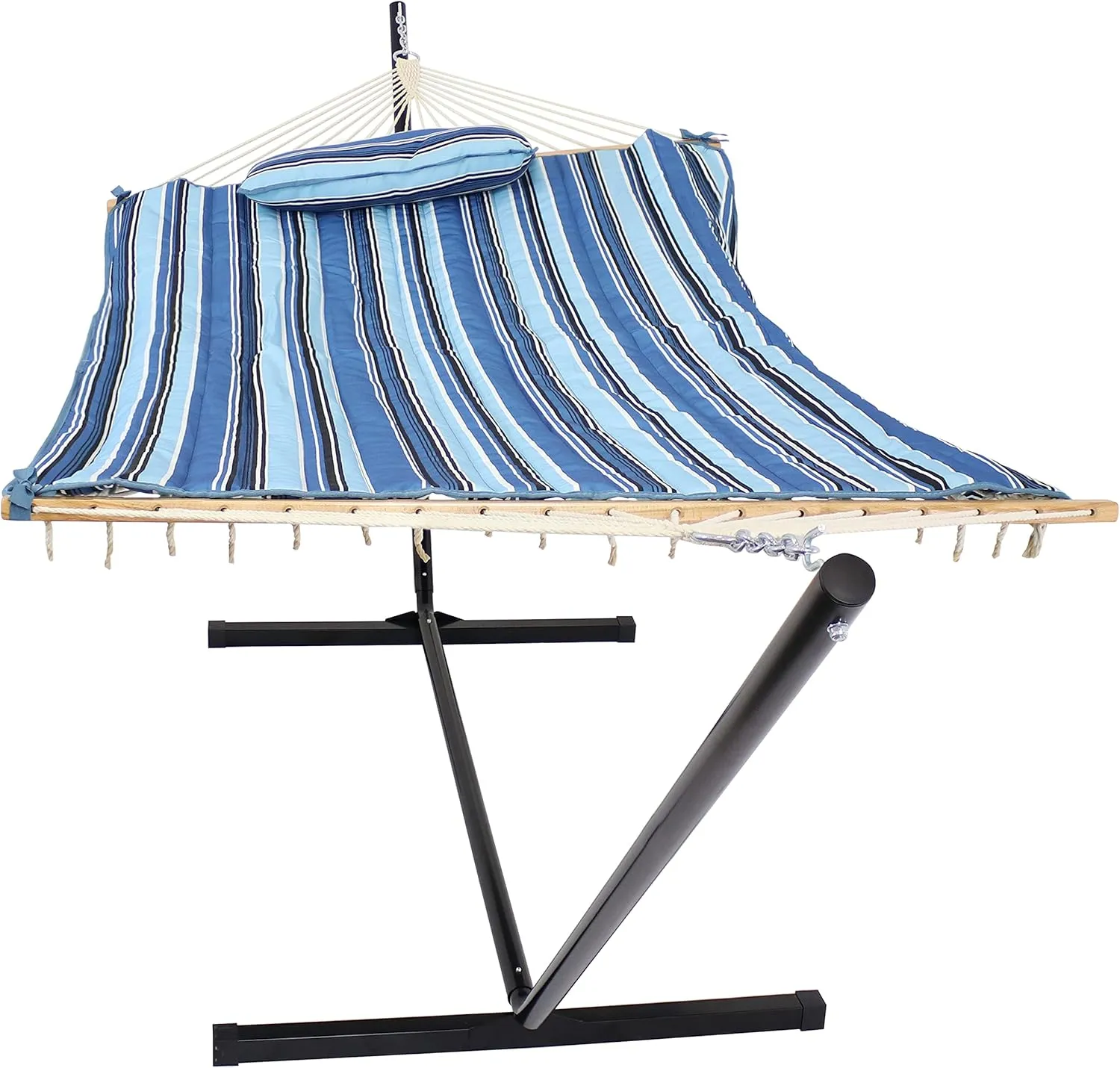 Sunnydaze Rope Hammock with 12-Foot Stand and Hammock Pad - 275-Pound Capacity - Misty Beach