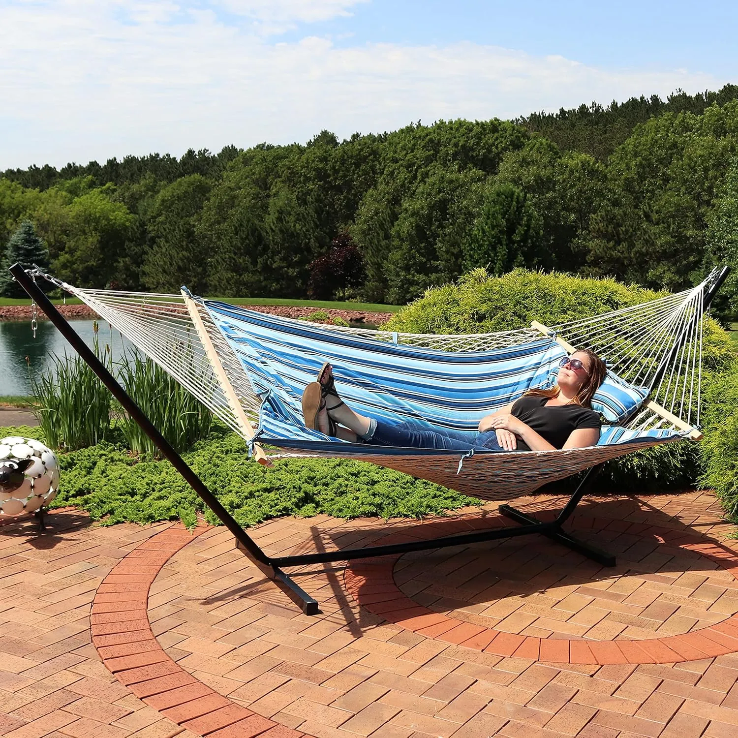 Sunnydaze Rope Hammock with 12-Foot Stand and Hammock Pad - 275-Pound Capacity - Misty Beach