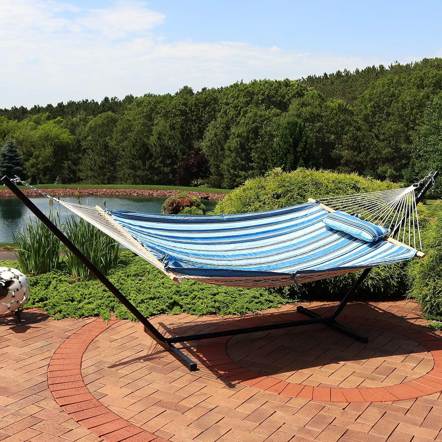 Sunnydaze Rope Hammock with 12-Foot Stand and Hammock Pad - 275-Pound Capacity - Misty Beach