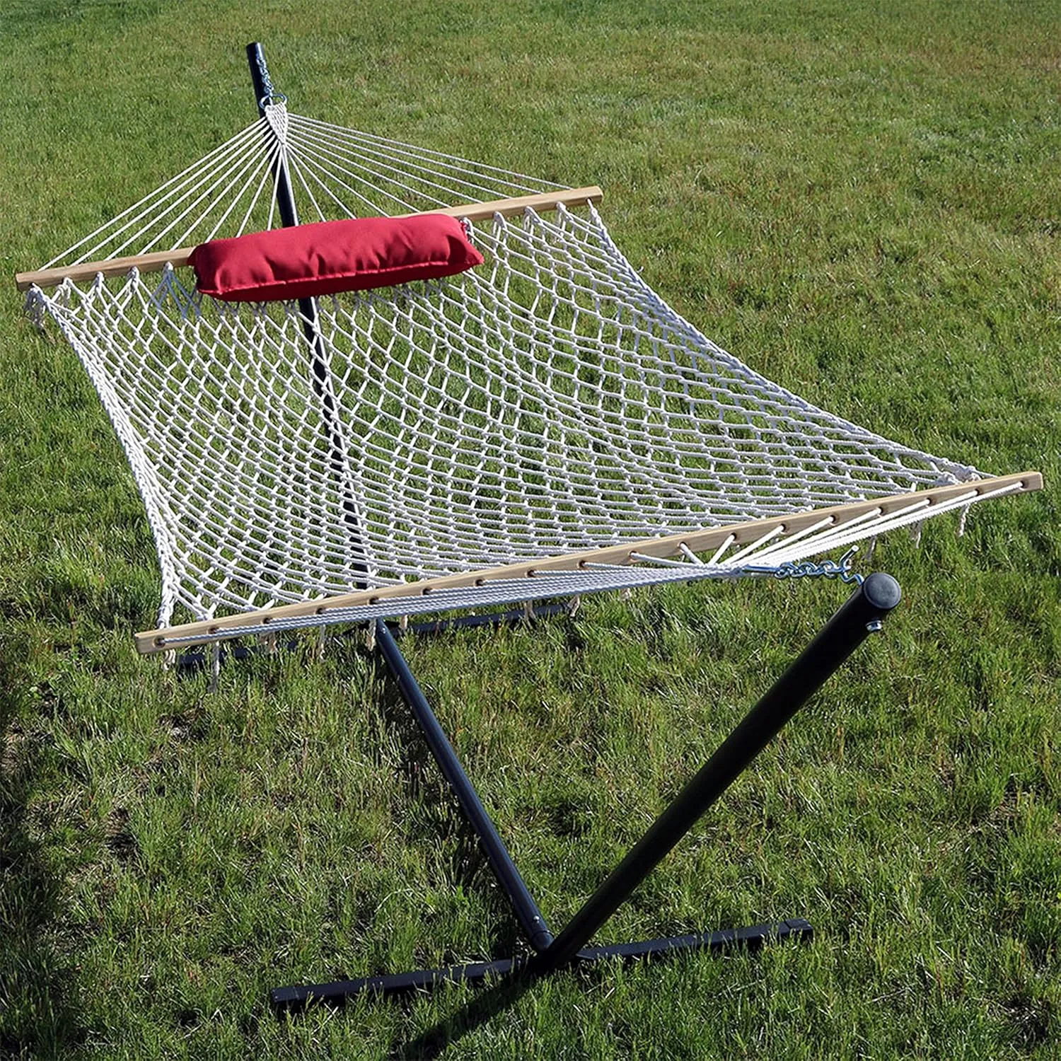 Sunnydaze Rope Hammock with Stand Combo - 275-Pound Capacity - Includes 12-Foot Hammock Stand, Spreader Bar, Pad, and Pillow - Modern Lines