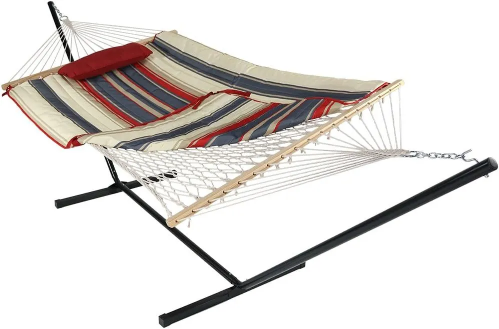 Sunnydaze Rope Hammock with Stand Combo - 275-Pound Capacity - Includes 12-Foot Hammock Stand, Spreader Bar, Pad, and Pillow - Modern Lines