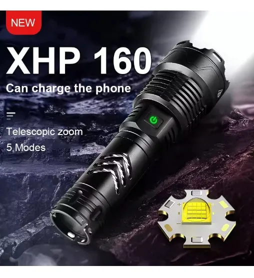 Super XHP160.8 LED Zoom 16 Core 100000 Lumens High Power Torch with 26650 Rechargeable Battery with Mobile Power Function Alloy 5 Lighting Modes