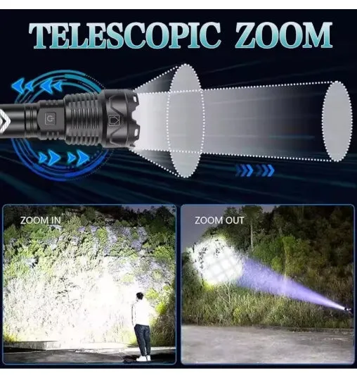 Super XHP160.8 LED Zoom 16 Core 100000 Lumens High Power Torch with 26650 Rechargeable Battery with Mobile Power Function Alloy 5 Lighting Modes