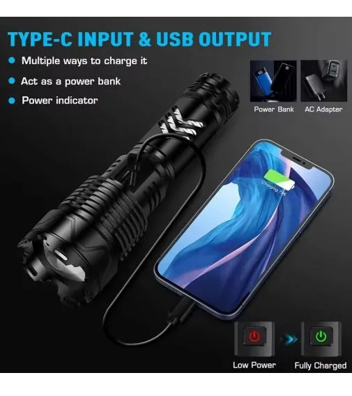 Super XHP160.8 LED Zoom 16 Core 100000 Lumens High Power Torch with 26650 Rechargeable Battery with Mobile Power Function Alloy 5 Lighting Modes