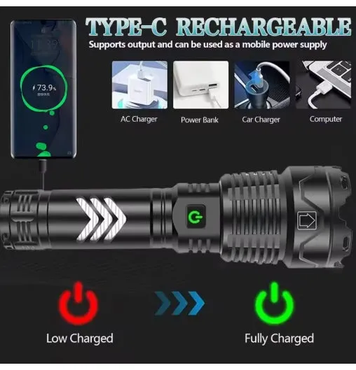 Super XHP160.8 LED Zoom 16 Core 100000 Lumens High Power Torch with 26650 Rechargeable Battery with Mobile Power Function Alloy 5 Lighting Modes