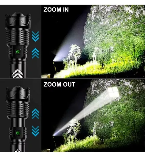 Super XHP160.8 LED Zoom 16 Core 100000 Lumens High Power Torch with 26650 Rechargeable Battery with Mobile Power Function Alloy 5 Lighting Modes