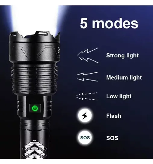 Super XHP160.8 LED Zoom 16 Core 100000 Lumens High Power Torch with 26650 Rechargeable Battery with Mobile Power Function Alloy 5 Lighting Modes