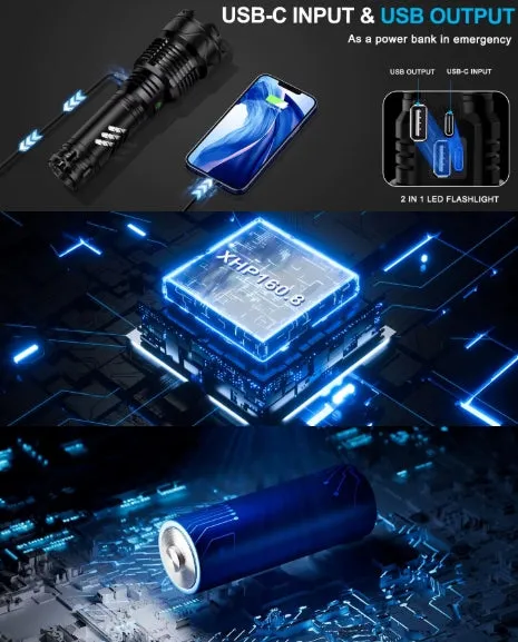 Super XHP160.8 LED Zoom 16 Core 100000 Lumens High Power Torch with 26650 Rechargeable Battery with Mobile Power Function Alloy 5 Lighting Modes