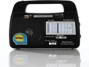 Supersonic SC-1082 9 Band AM/FM/SW 1-7 Portable Radio, High Sensitivity Receiver, Torch Light, Speaker, USB/SD Card Input, Rechargeable Battery, 360° Antenna, 8-10hr Flashlight, 2hr Radio, AC/DC