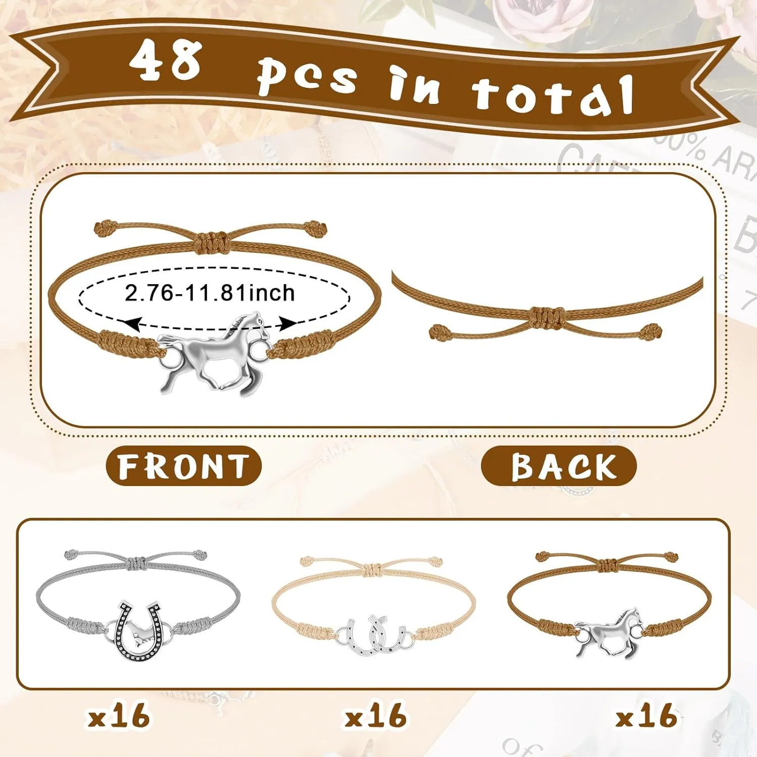 Sureio 48 Pcs Horse Rope Braided Bracelet Gifts Bulk Horse Goodie Party Favors Western Cowgirl Cowboy Adjustable Wedding Bridal Shower Bracelets for Women
