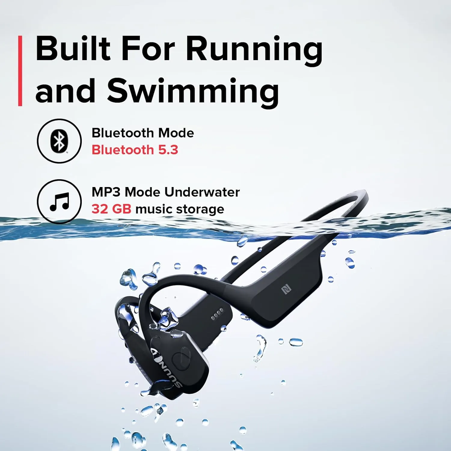 SUUNTO Aqua Open-Ear Swimming Bone Conduction Headphone, 32GB MP3 Bluetooth Running Player, Head Movement Control, Noise Cancelled Dual-Mic, IP68 Waterproof, 30H Playtime w/Powerbank, Black