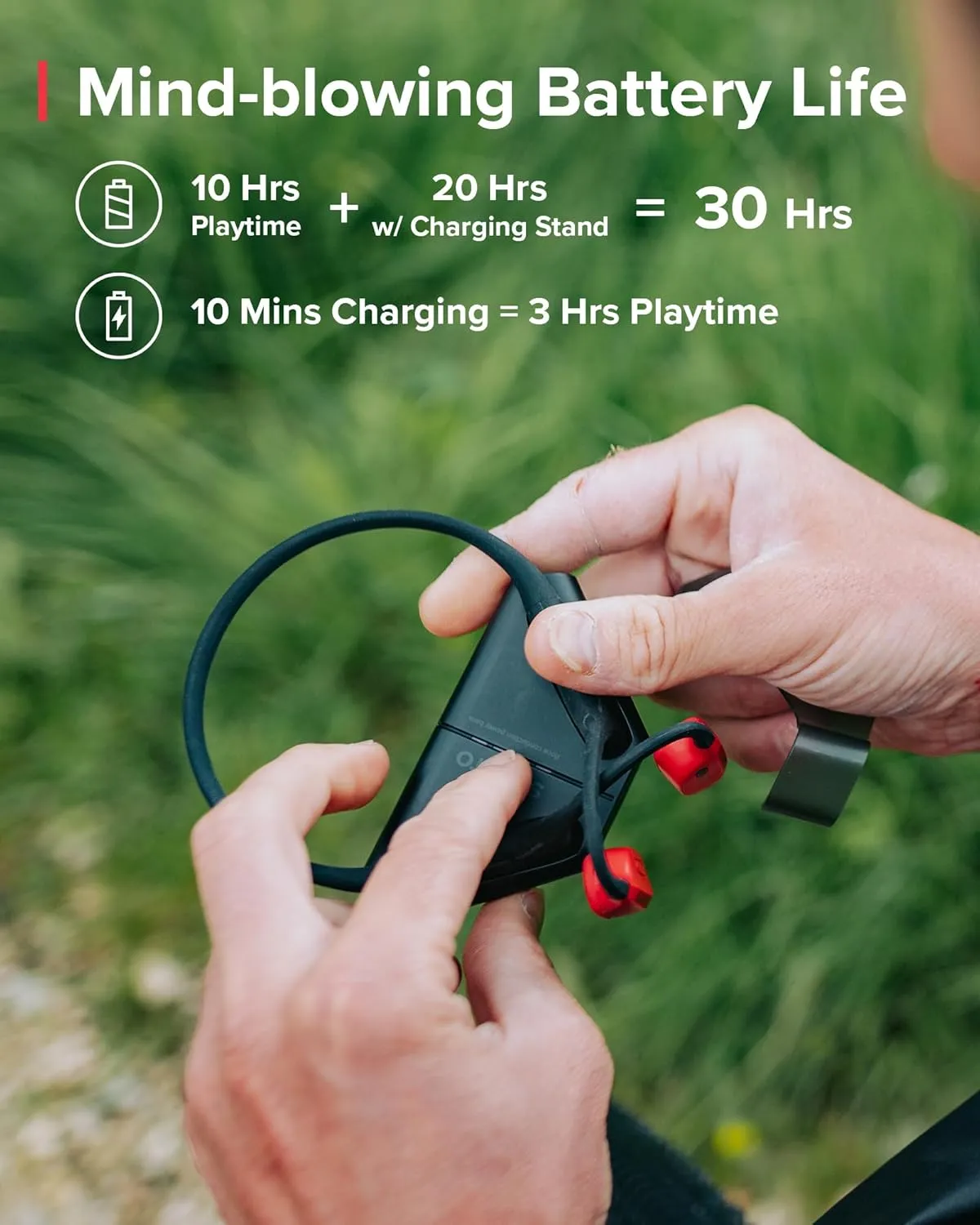 SUUNTO Wing Open-Ear Bone Conduction Headphone, Bluetooth Sports Earphone with Head Movement Control, Built-in Dual-Mic, IP67 Waterproof, Safety LED Lights, Up to 30H Playtime w/Charging Stand, Red