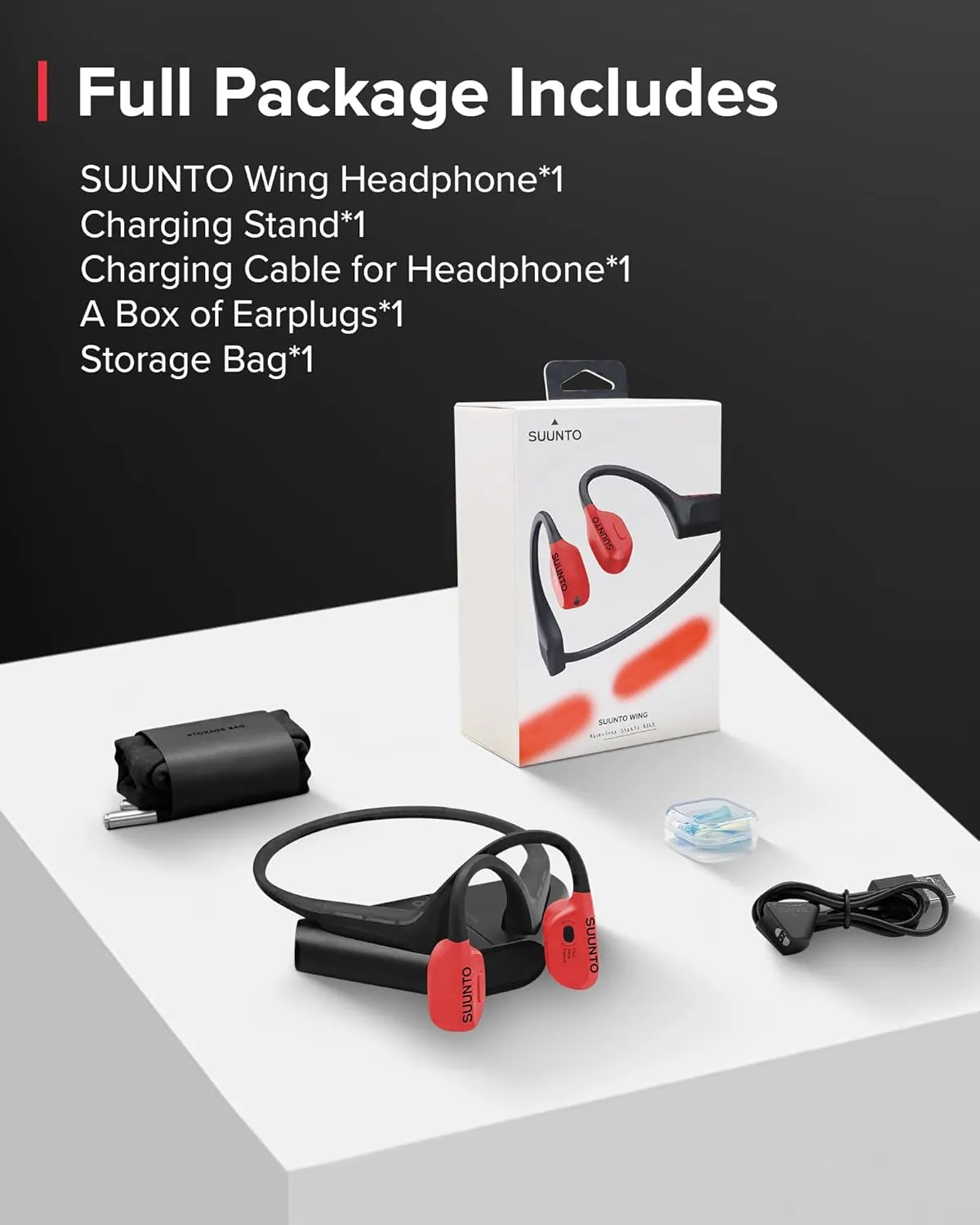 SUUNTO Wing Open-Ear Bone Conduction Headphone, Bluetooth Sports Earphone with Head Movement Control, Built-in Dual-Mic, IP67 Waterproof, Safety LED Lights, Up to 30H Playtime w/Charging Stand, Red