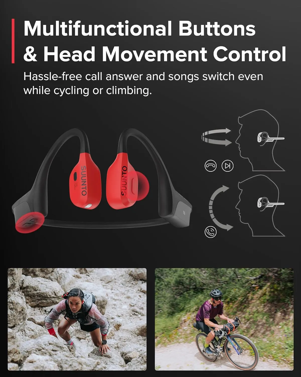 SUUNTO Wing Open-Ear Bone Conduction Headphone, Bluetooth Sports Earphone with Head Movement Control, Built-in Dual-Mic, IP67 Waterproof, Safety LED Lights, Up to 30H Playtime w/Charging Stand, Red