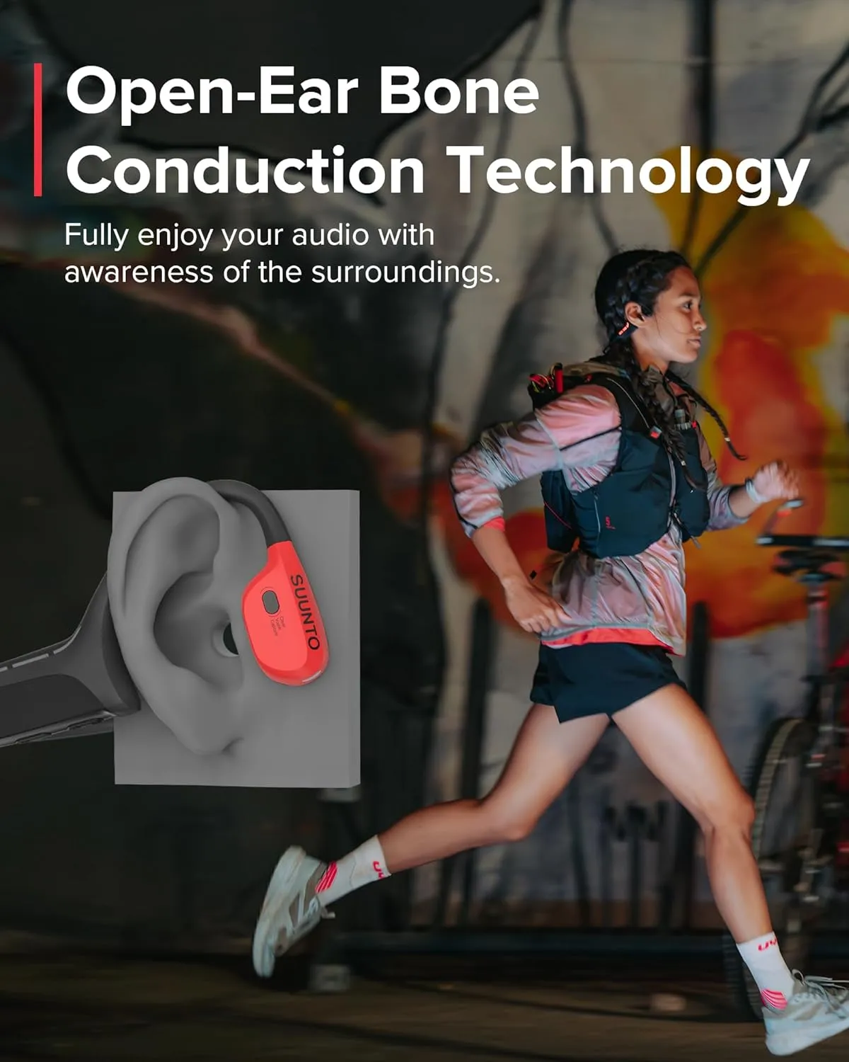 SUUNTO Wing Open-Ear Bone Conduction Headphone, Bluetooth Sports Earphone with Head Movement Control, Built-in Dual-Mic, IP67 Waterproof, Safety LED Lights, Up to 30H Playtime w/Charging Stand, Red
