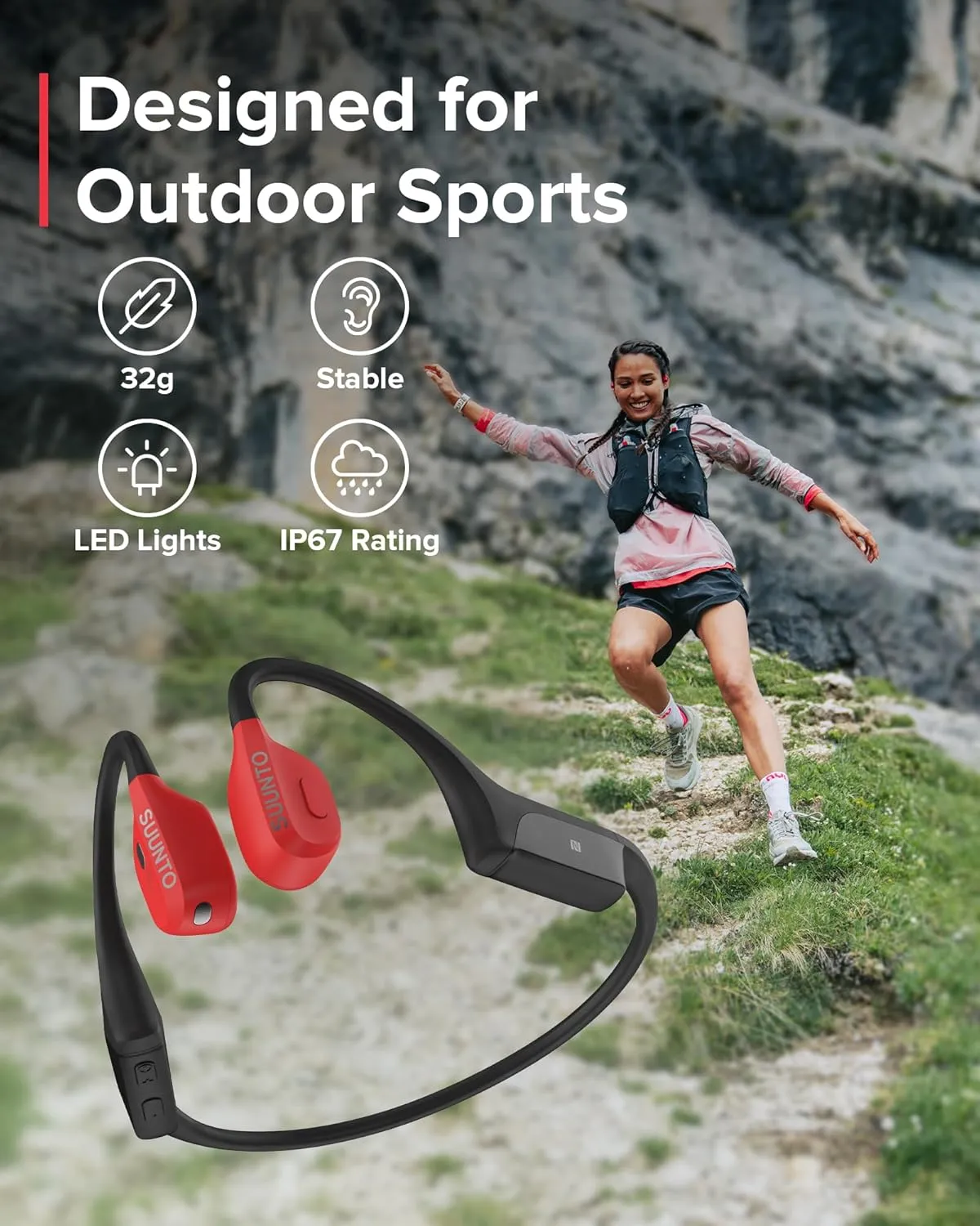 SUUNTO Wing Open-Ear Bone Conduction Headphone, Bluetooth Sports Earphone with Head Movement Control, Built-in Dual-Mic, IP67 Waterproof, Safety LED Lights, Up to 30H Playtime w/Charging Stand, Red