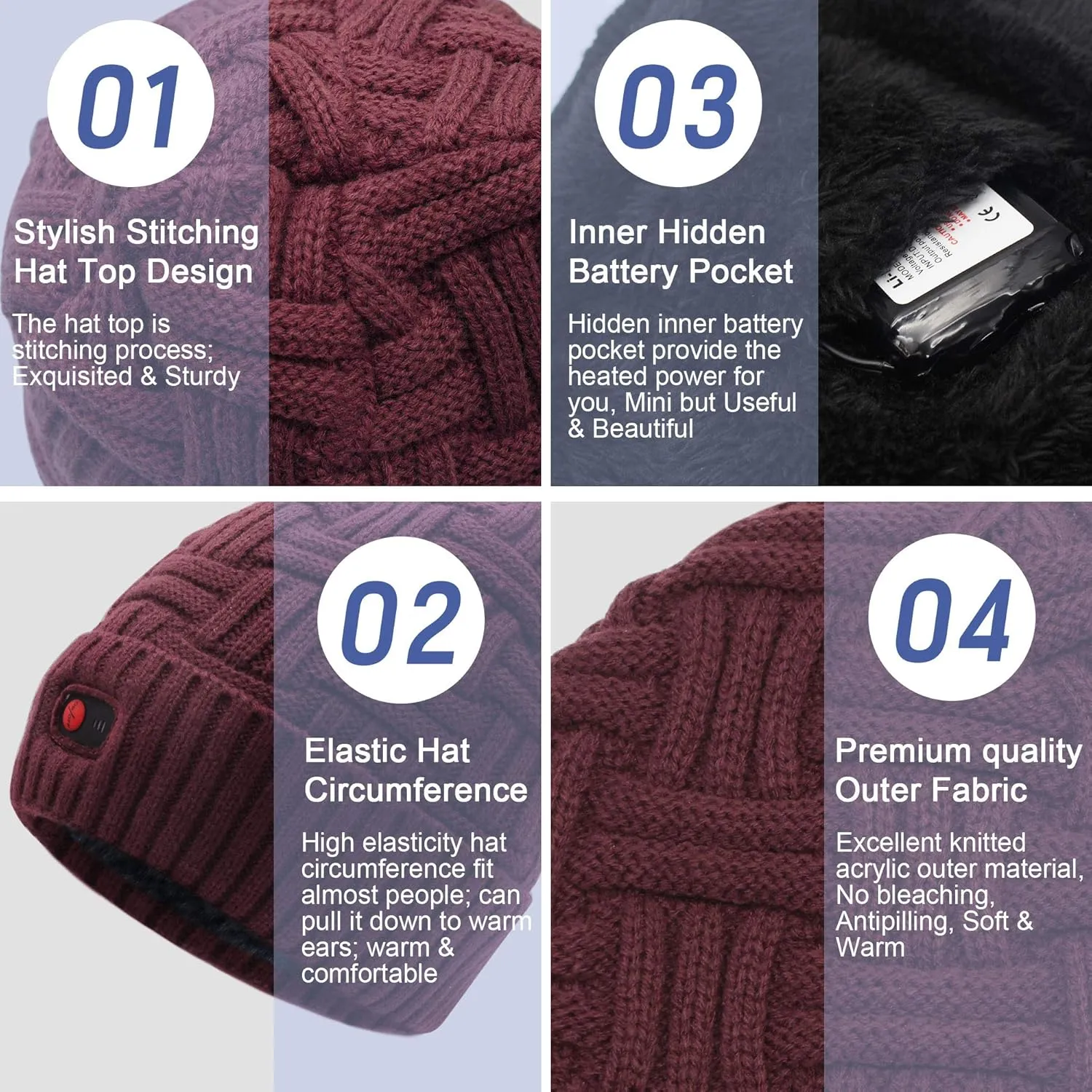 Svpro Battery Heated Beanie Hat - Rechargeable Warm Winter Cap